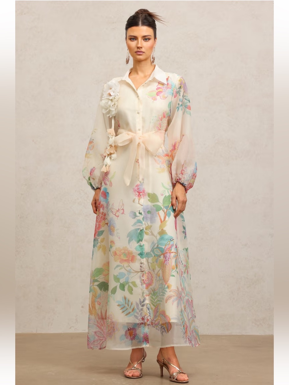 NWT Dalia MacPhee Sheer Floral Maxi Shirt Dress